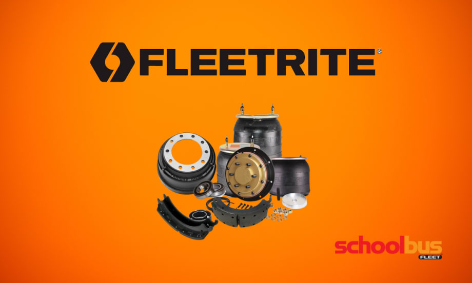 Fleetrite logo above a display of commercial truck and bus parts, including brake components and air springs, on an orange background with the School Bus Fleet logo in the corner.