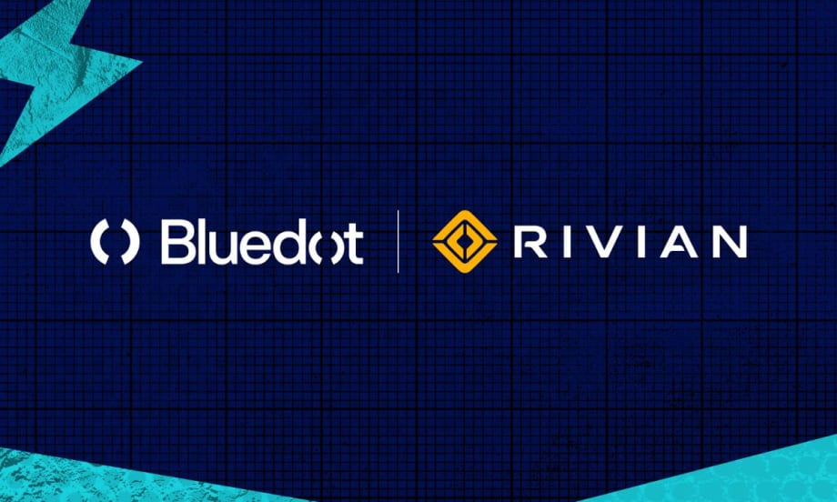 Bluedot and Rivian logo on a dark blue background.