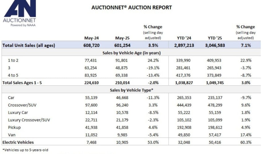 A summary table of auction sales of used vehicles.