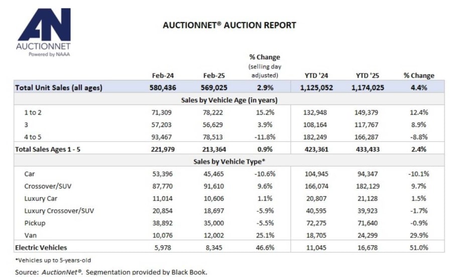 A black and while chart summarizing Feb. 2025 auction vehicle sales.