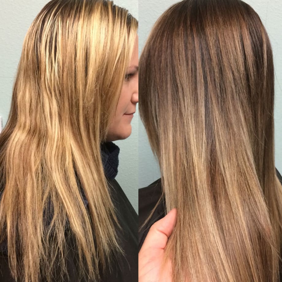 COLOR CORRECTION: Brassy Blonde to Sombre Brunette Using Balayage