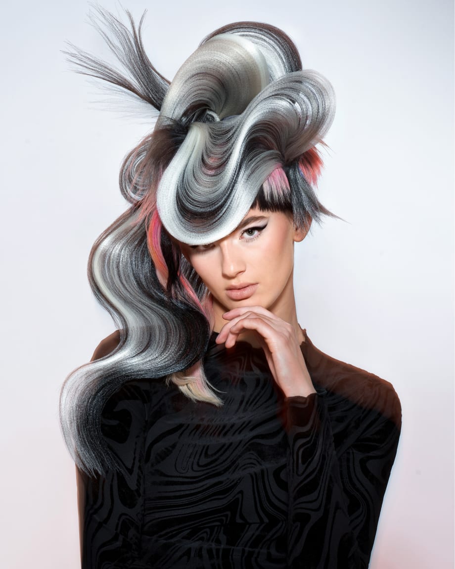 A very colorful, avant garde hairstyle
