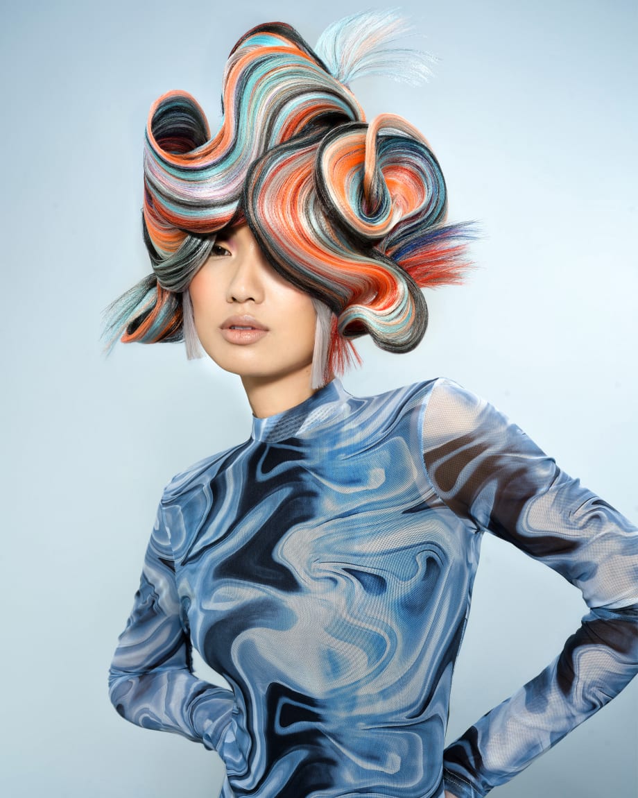 A very colorful, avant garde hairstyle