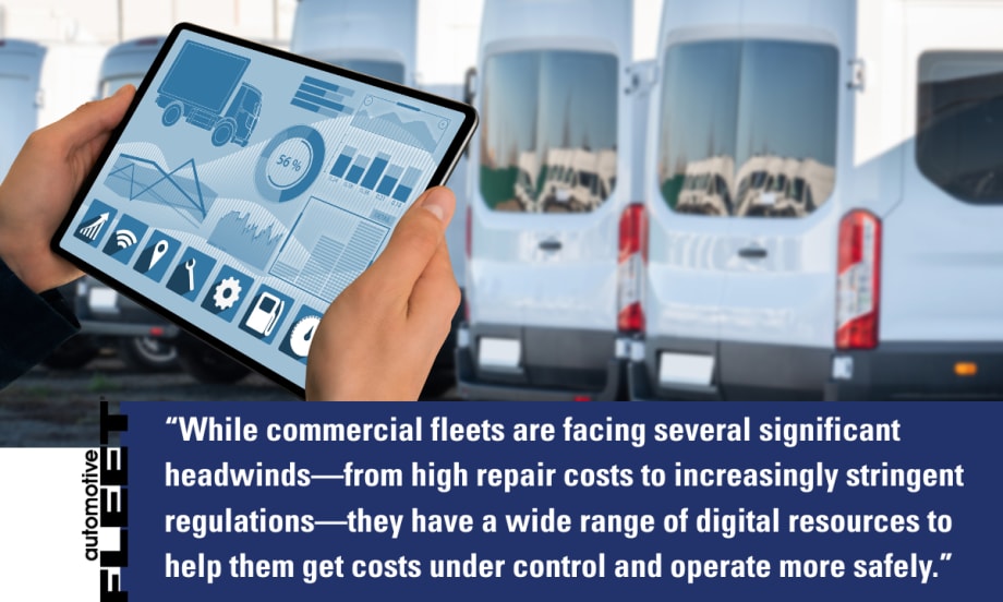 A fleet manager uses a digital tablet displaying telematics data and repair analytics in front of parked commercial vans. Modern fleet management technology helps reduce downtime, control repair costs