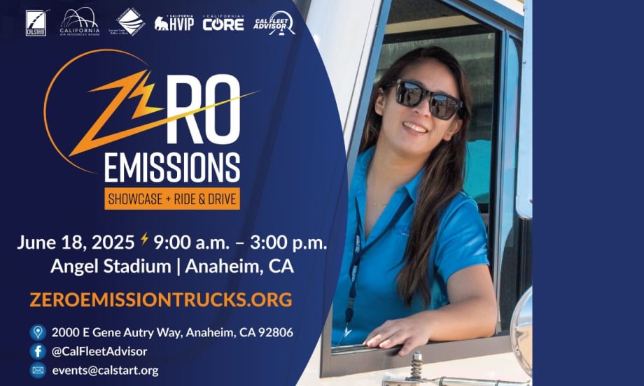 A person in a vehicle wearing sunglasses with text about the zero-emissions showcase and ride-and-drive.