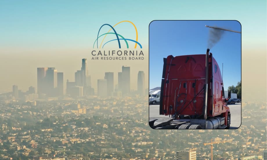 Illustration of Los Angeles smog, truck exhaust smoke, and CARB logo