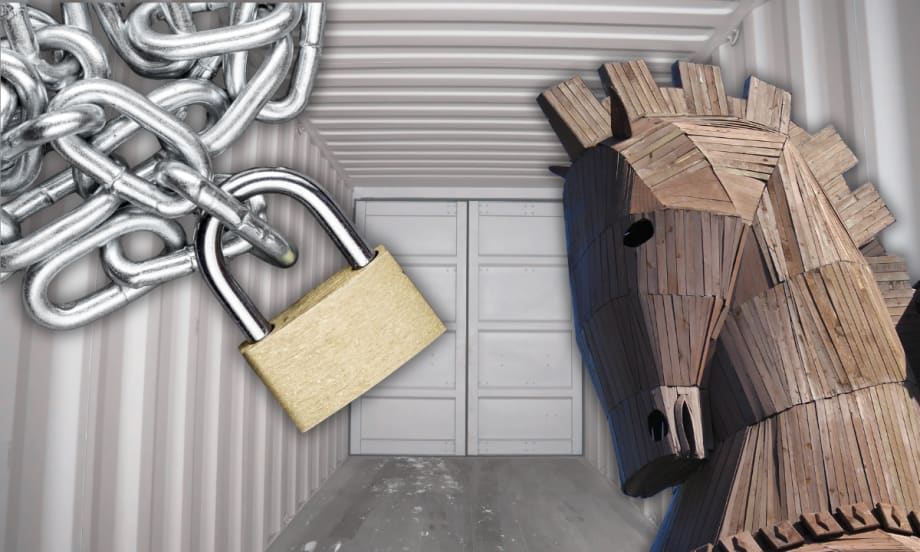 Illustration with trojan horse and lock with inside of cargo container in background