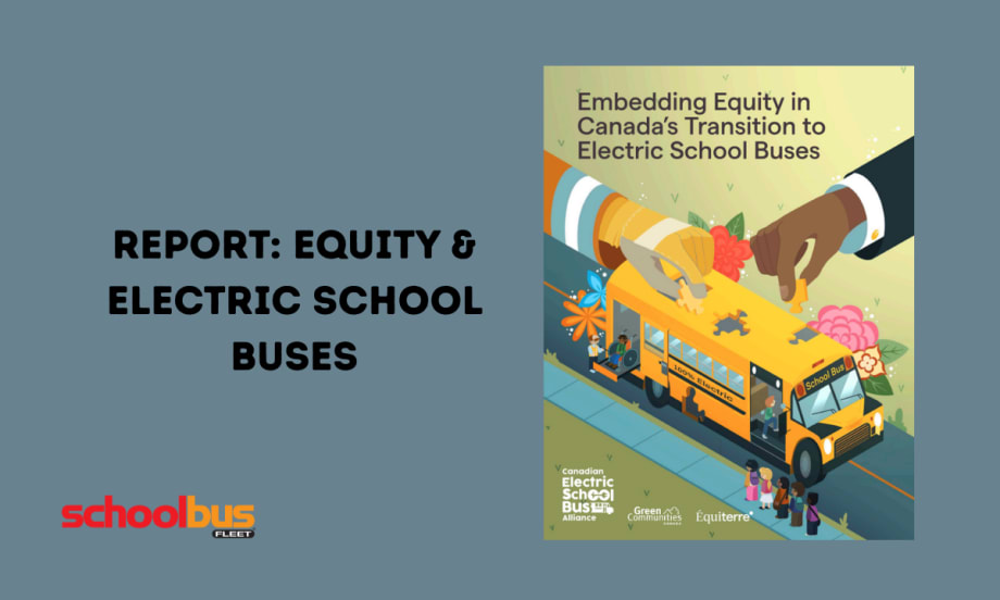 Report cover: Embedding Equity in Canada’s Transition to Electric School Buses, with illustration of hands assembling a bus.