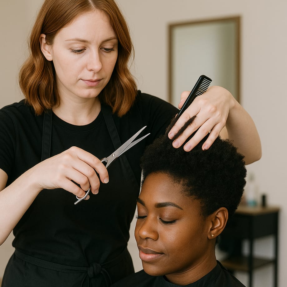 A hairstylist cutting a Black client's curly hair in a salon.