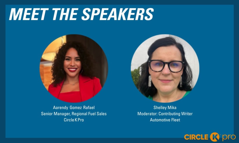 Headshots for the speakers at an August 5 webinar sit against a blue background. "Meet the Speakers sits at the top with their names, Aarendy Gomez Rafael and Shelley Mika, under the photos.