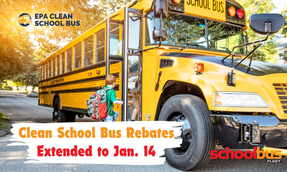 a school bus with text overlay that says "clean school bus rebates extended to Jan 14"