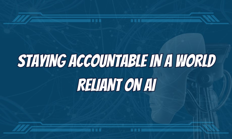 A blue, futuristic graphic warns of the dangers of AI use.