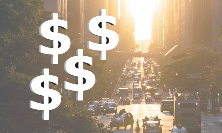 Illustration of crowded New York street overlaid with dollar signs