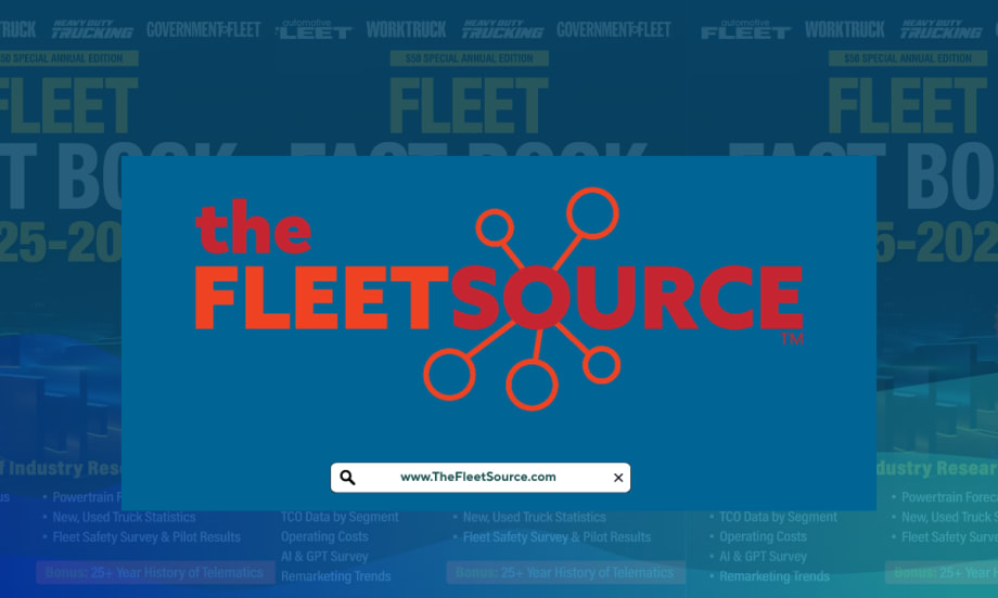 A blue Fleet Source graphic has the logo overlaying a square blue box, with opaque, transparent Fleet Fact Book covers laid behind it.
