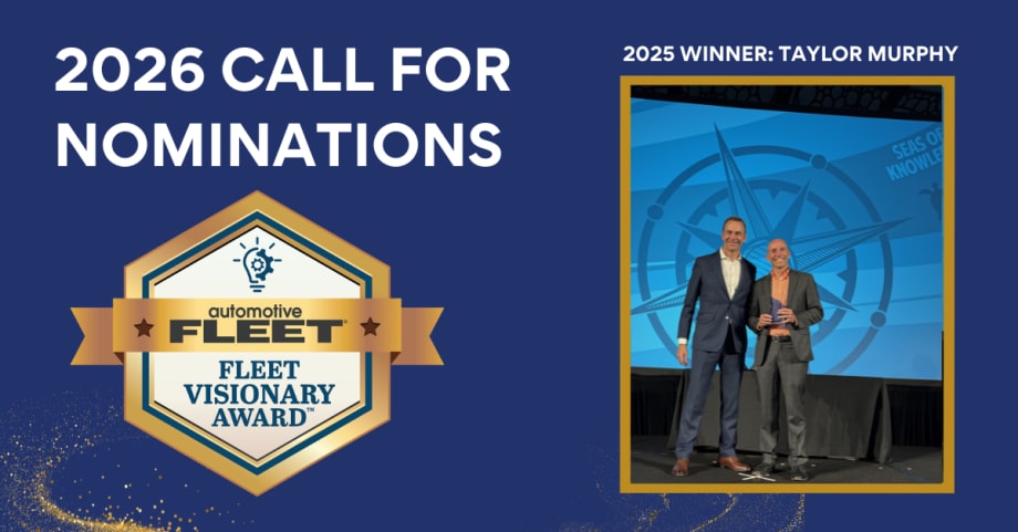 Graphic announcing 2026 Fleet Visionary Award nominations with blue background and award badge, highlighting innovation and leadership in fleet management.