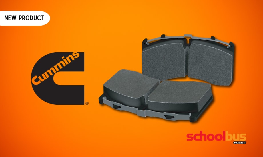 A product photo of the Meritor brake pads against an orange background and the Cummins logo