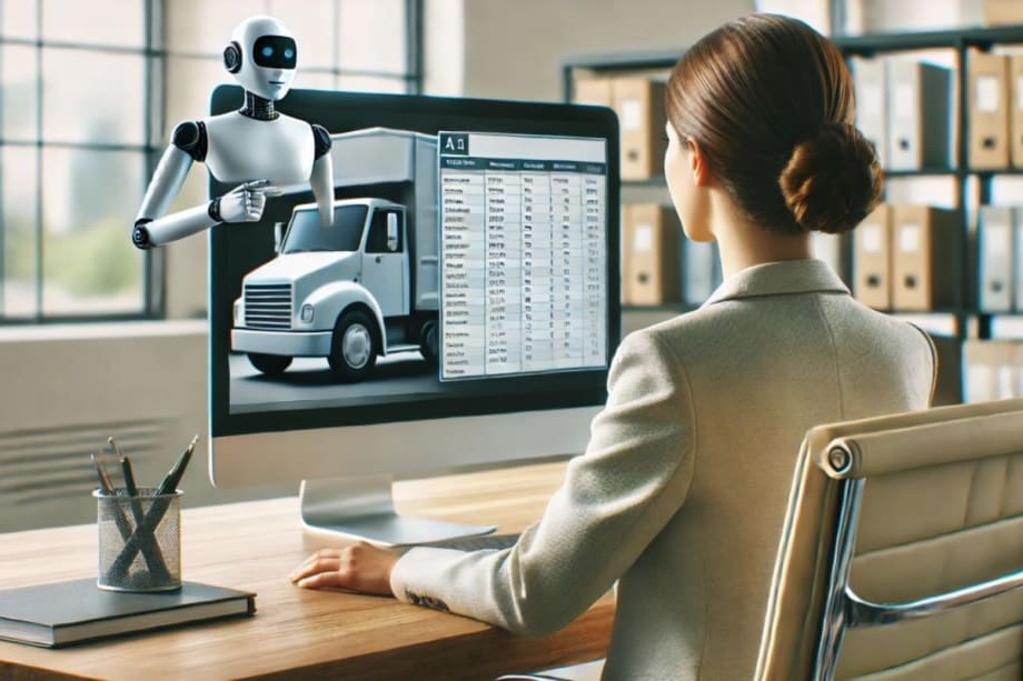 AI generated image of woman at desk with AI robot helping her.
