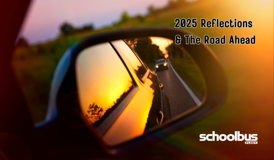 photo of a car's rear-view mirror of the road behind them and text that says "2025 reflections"