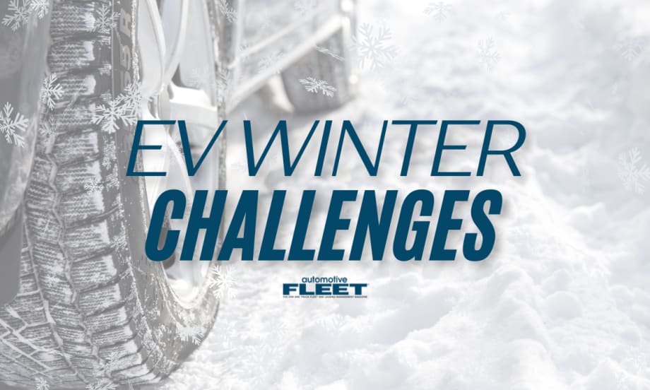 A the bottom of a car and its tires in snow with text that reads "EV Winter Challenges".