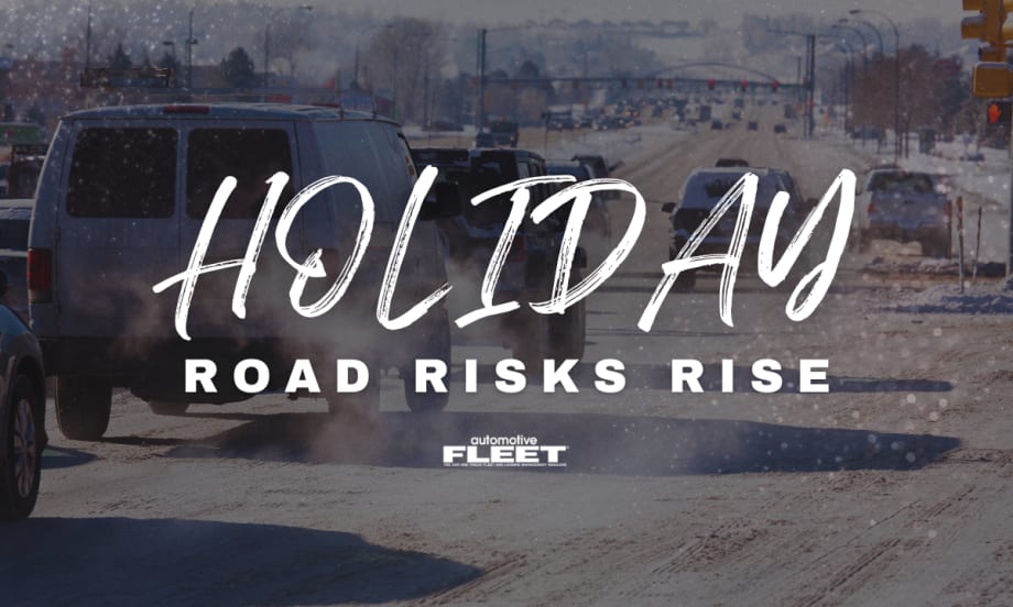 An image of a snowy town road with cars driving. Text overlayed reading "Holiday Road Risks Rise".