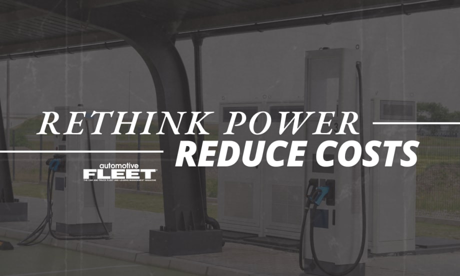 An image of an electric vehicle charging depot in the background overlayed with the text "Rethink power, Reduce Costs".
