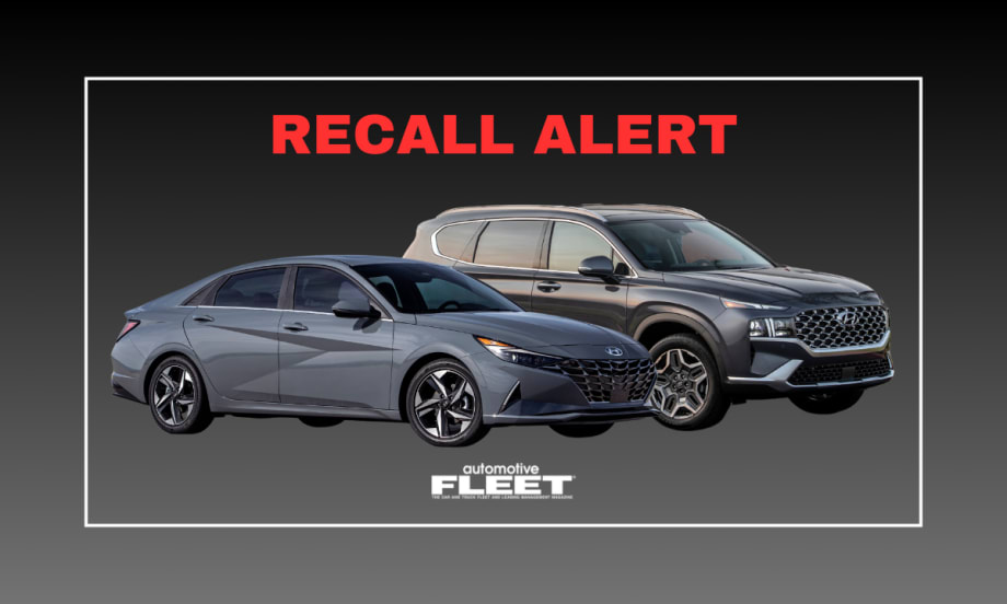 A black, white and red graphic with the word "RECALL ALERT" above a Hyundai Elantra and Santa Fe.