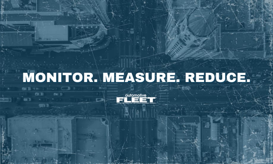 A blue and white graphic with an aerial view of a street in the background and text reading "Monitor. Measure. Reduce."