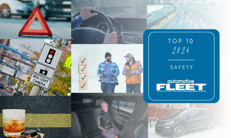 A collage with 10 photos from Automotive Fleet's top 10 stories of the year is shown. Includes an EV in snow, drink with keys, red light camera, safety cone, futuristic road, AEB technology, and more.