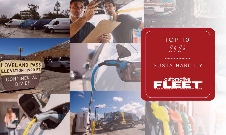 A collage of images relating to stories on Automotive Fleet with text reading "Top 10 2024 / SUSTAINABILITY".