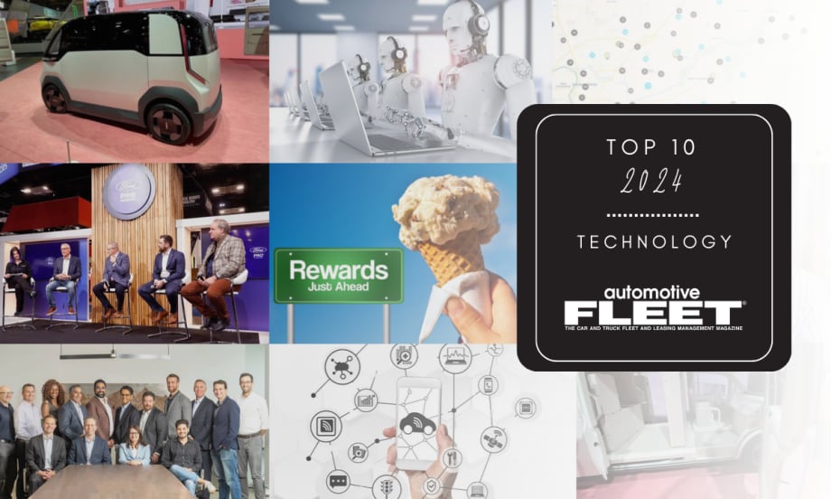 A collage of images from the top technology stories on Automotive Fleet's website. Text overlay on the right side reads "Top 10 2024 - Technology".