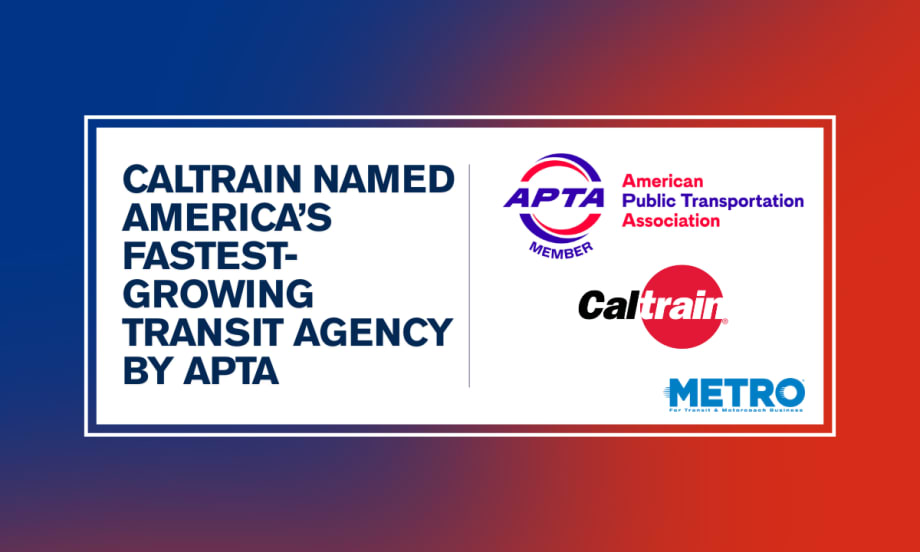 A red, white, and blue graphic with APTA and Caltrain logos and text reading "Caltrain Named America’s Fastest-Growing Transit Agency by APTA."