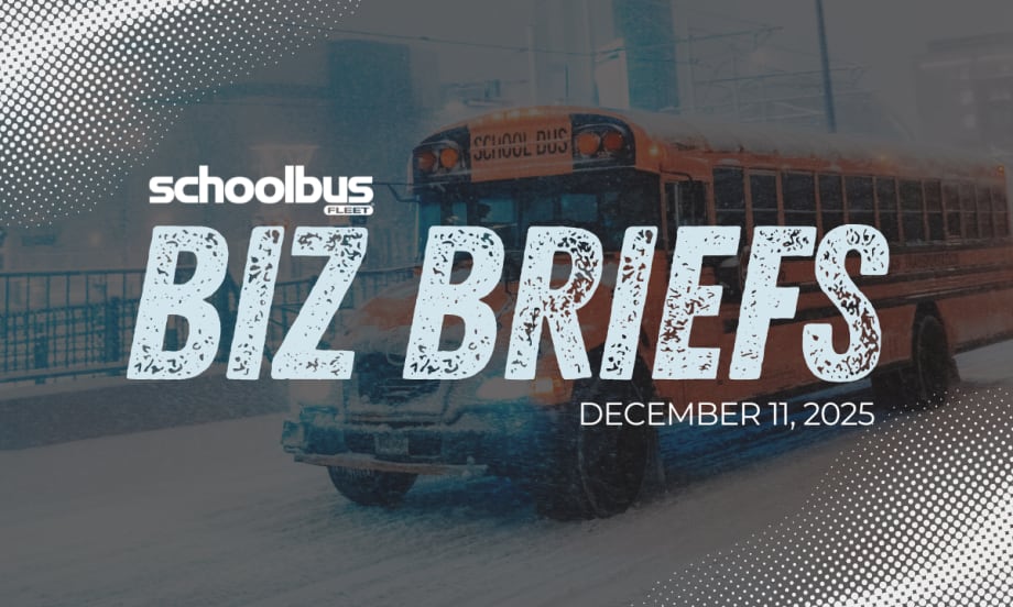 Image of a bus driving in snowy conditions with text reading "Biz Briefs."