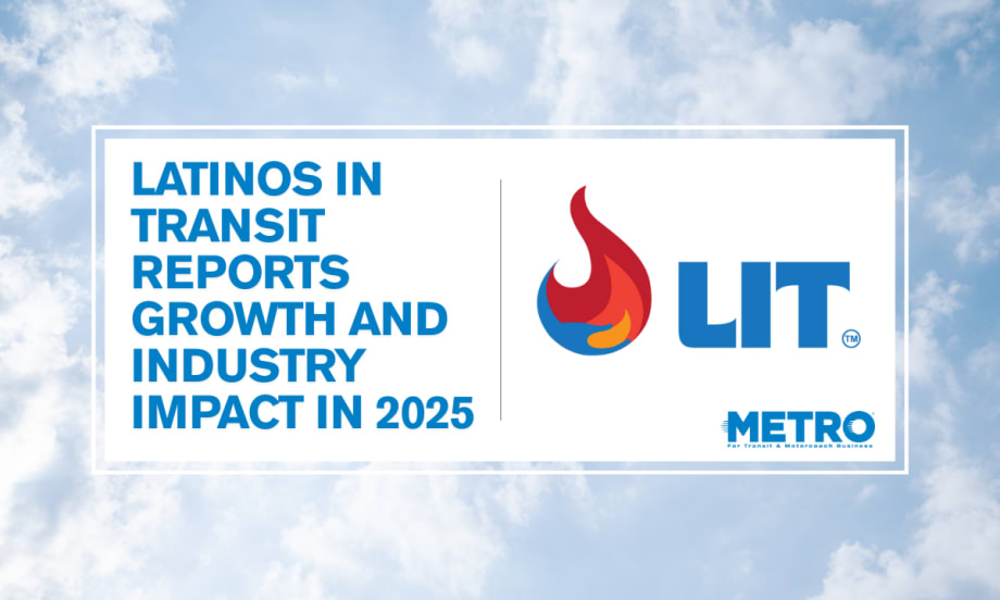A blue and white graphic with the LIT logo and text reading "Latinos in Transit Reports Growth and Industry Impact in 2025."