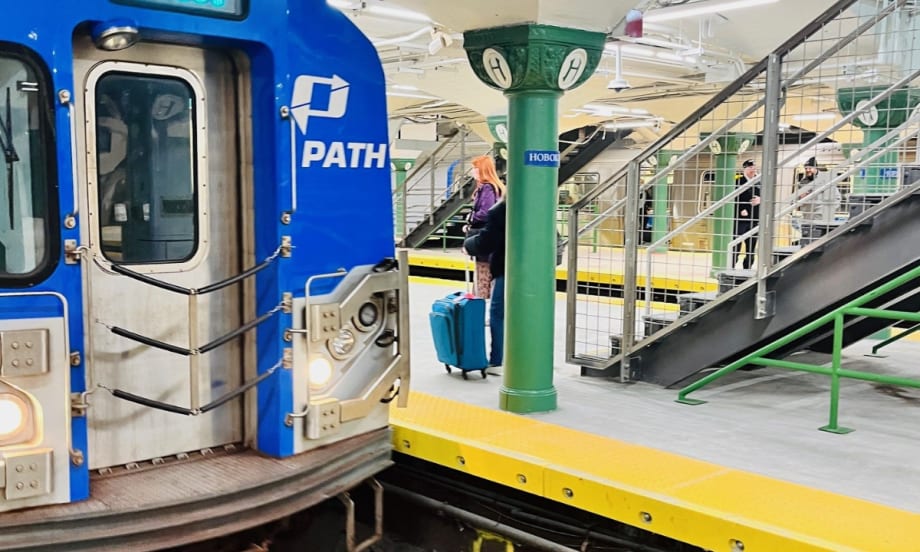 A PATH commuter rail at a Hoboken station reopening.