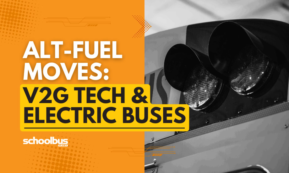 An orgnge, white, and black graphic with a black and white detail shot of lights on a school bus.