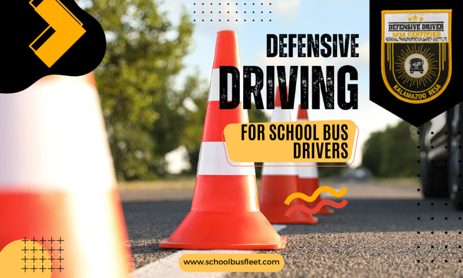 road cones with text overlay that reads "Defensive driving for school bus drivers"