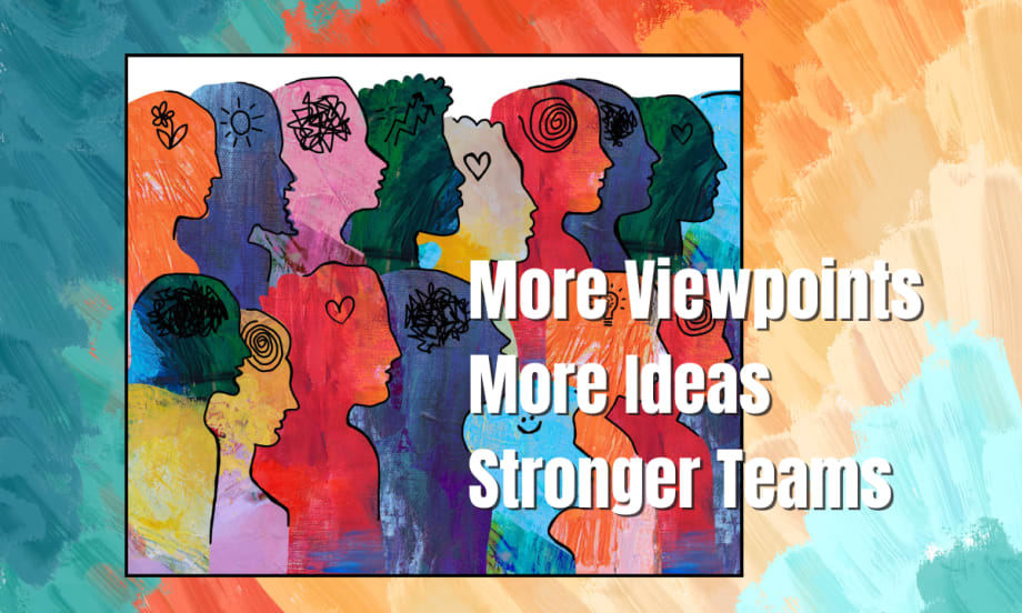 Colorful abstract heads with different scribbles inside illustrate diversity of thought