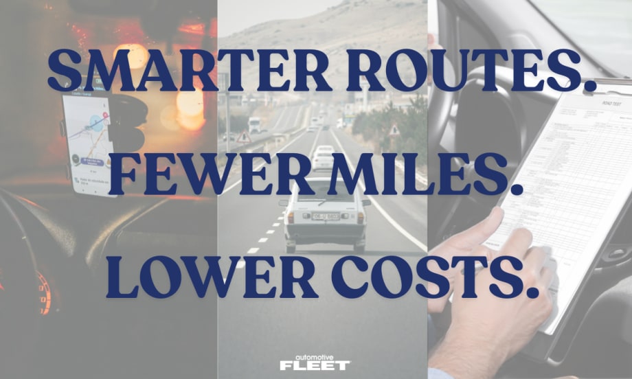 Split image showing GPS navigation in a vehicle, highway traffic, and a driver reviewing a route sheet, with text overlay about smarter routes, fewer miles, and lower fleet costs.