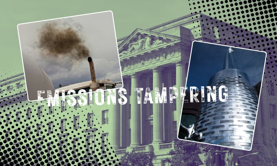 Illustration of Department of Justice building superimposed by truck exhaust stacks