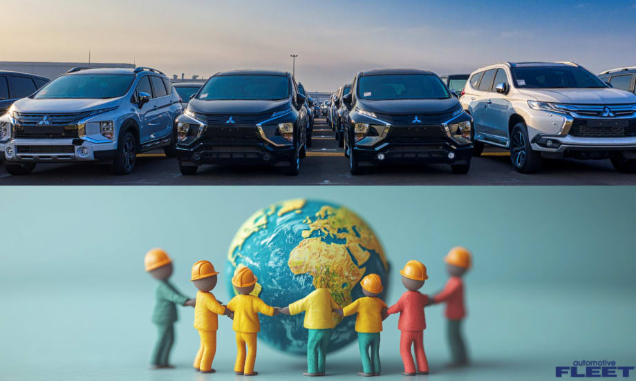 A world graphic of workers holding hands surrounds a globe with a line of cars on top, representing Global Fleets.
