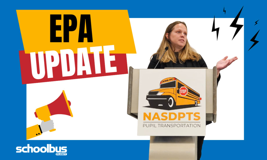 Christine Koester from the EPA speaks at a podium with the NASDPTS logo during a conference. A bold graphic reads “EPA Update” with megaphone and lightning bolt icons around her.