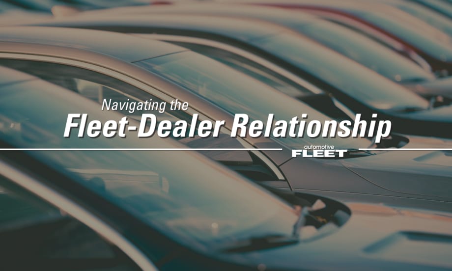 A a close up image of cars lined up with text overlayed reading "Navigating the Fleet-Dealer Relationship".