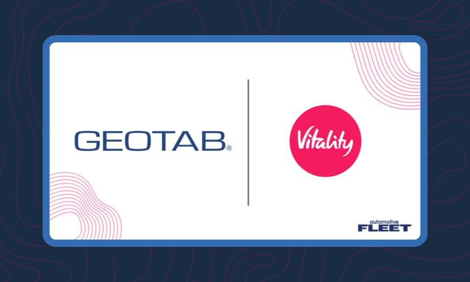 A blue and pink graphic with Geotab and Vitality logos.