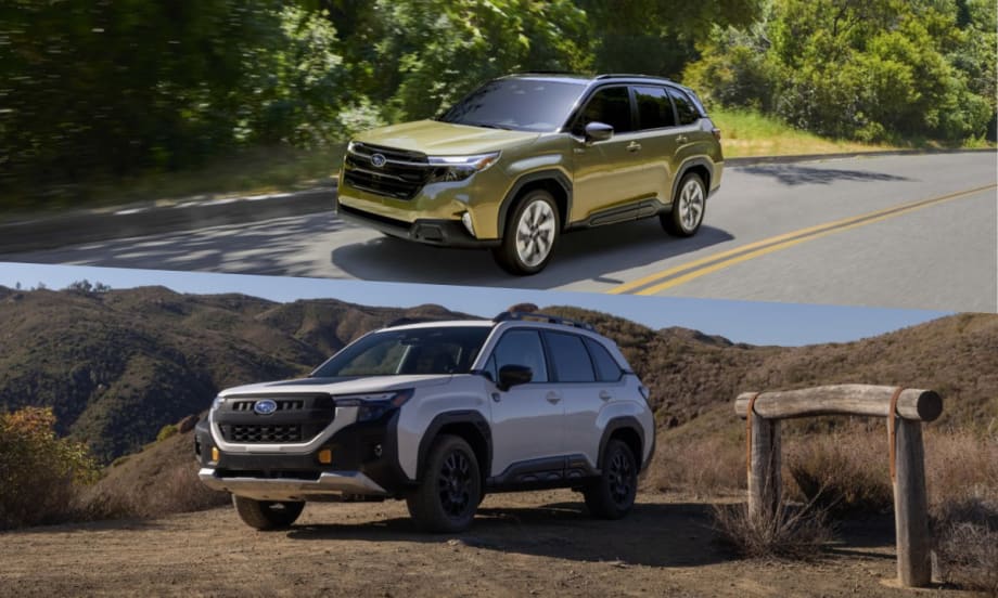 An image of a green 2025 Subaru Forester Hybrid and an image of a white 2026 Subaru Forester Wilderness.