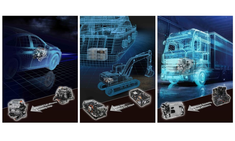 Diagrams of three types of commercial fleet vehicles and how a Toyota Fuel Cell System integrates into each vehicle.