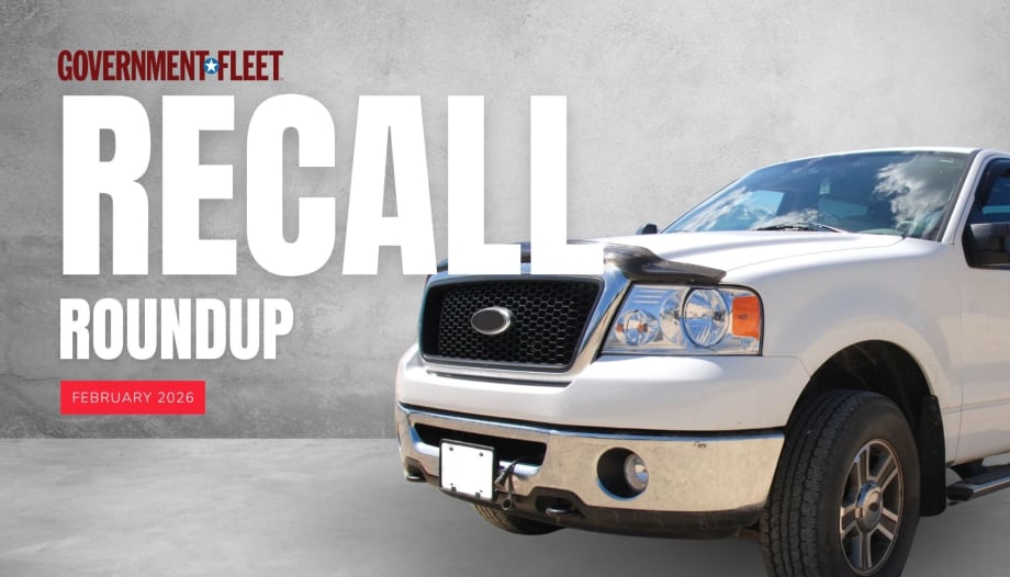 Graphic for Government Fleet’s February 2026 Recall Roundup showing a white pickup truck and bold text reading “RECALL ROUNDUP” with a red tag labeled “February 2026” on a concrete background.