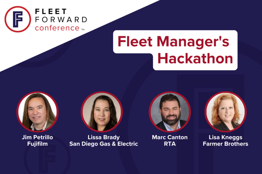 A blue, red, and white graphic announcing the Fleet Forward Conference seminar "Fleet Manager's Hackathon" and participating panelists.