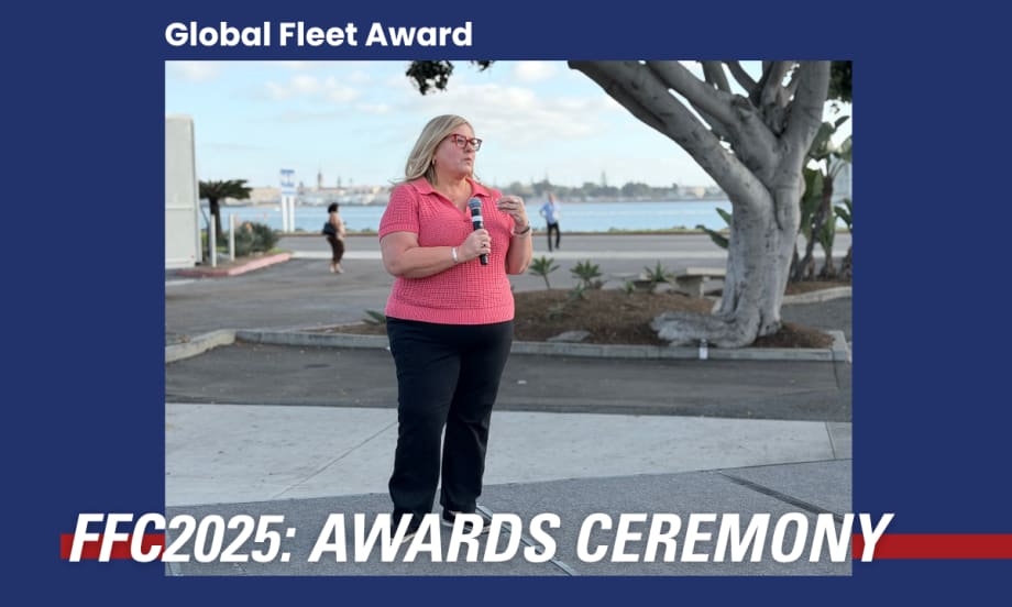 A Fleet Forward graphic highlighting Kimberly Fisher's acceptance of the Global Fleet Award at the 2025 Fleet Forward Conference.