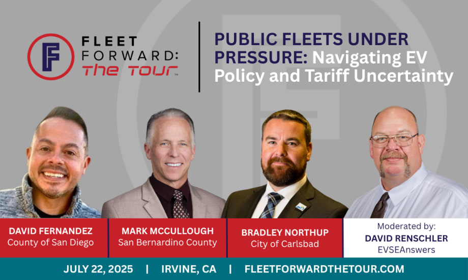 Pictures of David Renschler, EVSEAnswers; Bradley Northup, City of Carlsbad; David Fernandez, County of San Diego; and Mark McCullough, of San Bernadino County, on a graphic about Fleet Forward.