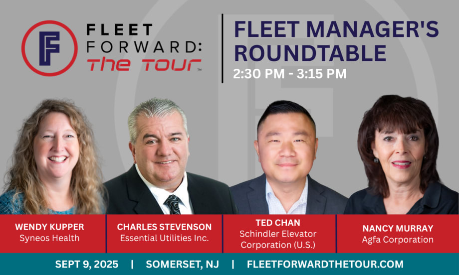 l graphic for the Fleet Forward: The Tour event, highlighting the Fleet Manager’s Roundtable session featuring panelists Wendy Kupper, Charles Stevenson, Ted Chan, and Nancy Murray.